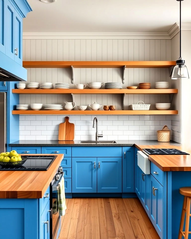 bright blue cabinets with wooden shelving