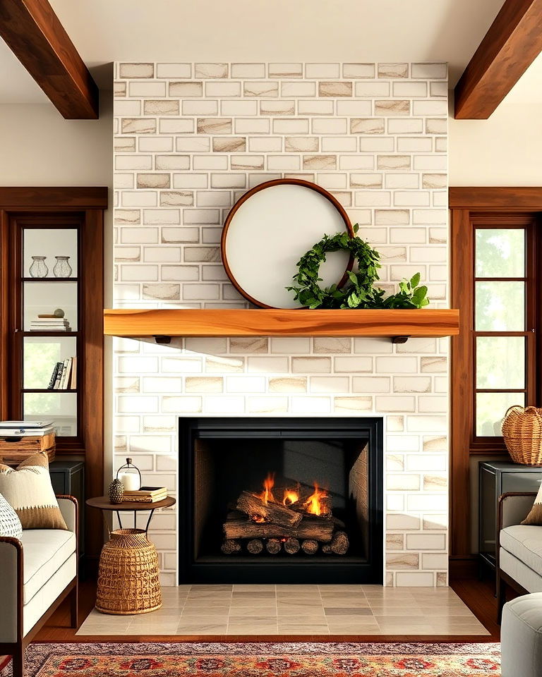 bright glazed ceramic tile fireplace