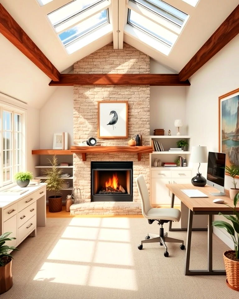 bright office with skylights and fireplace