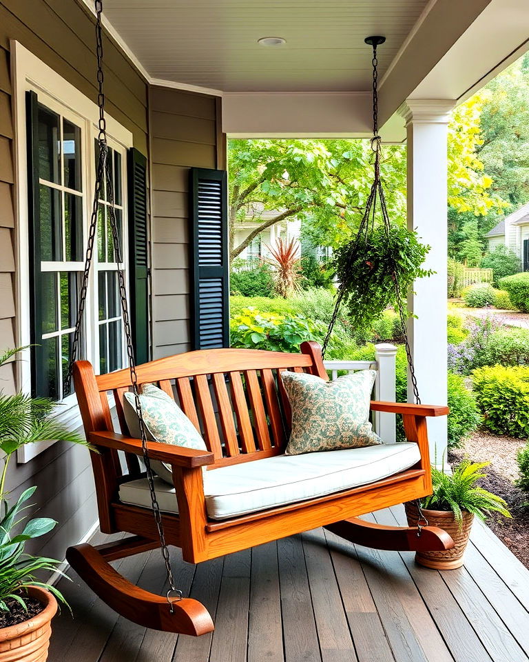 bring in a wooden porch swing with cushions