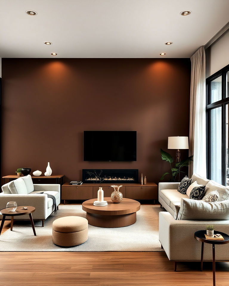 brown accent wall in living room with neutral furniture