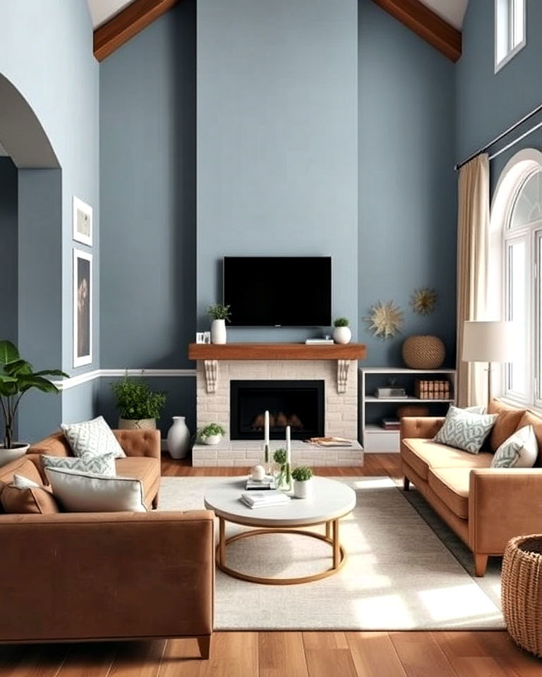 brown and blue color scheme living room