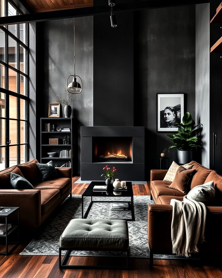 brown and charcoal gray living room for a moody vibe