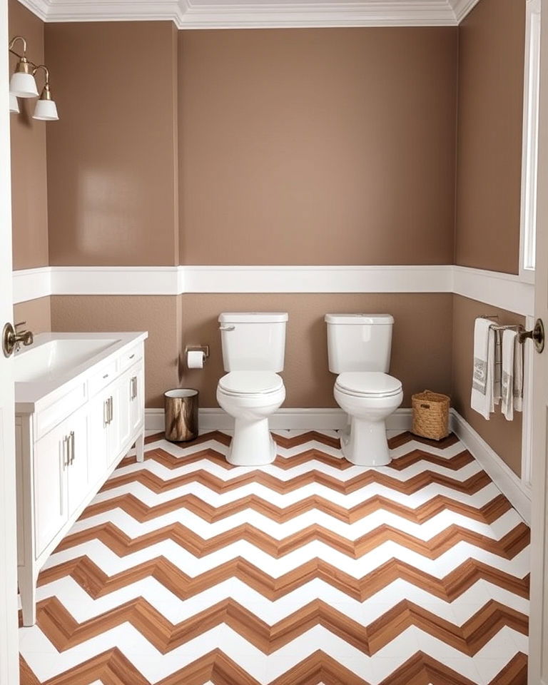 brown and white chevron patterned bathroom floor