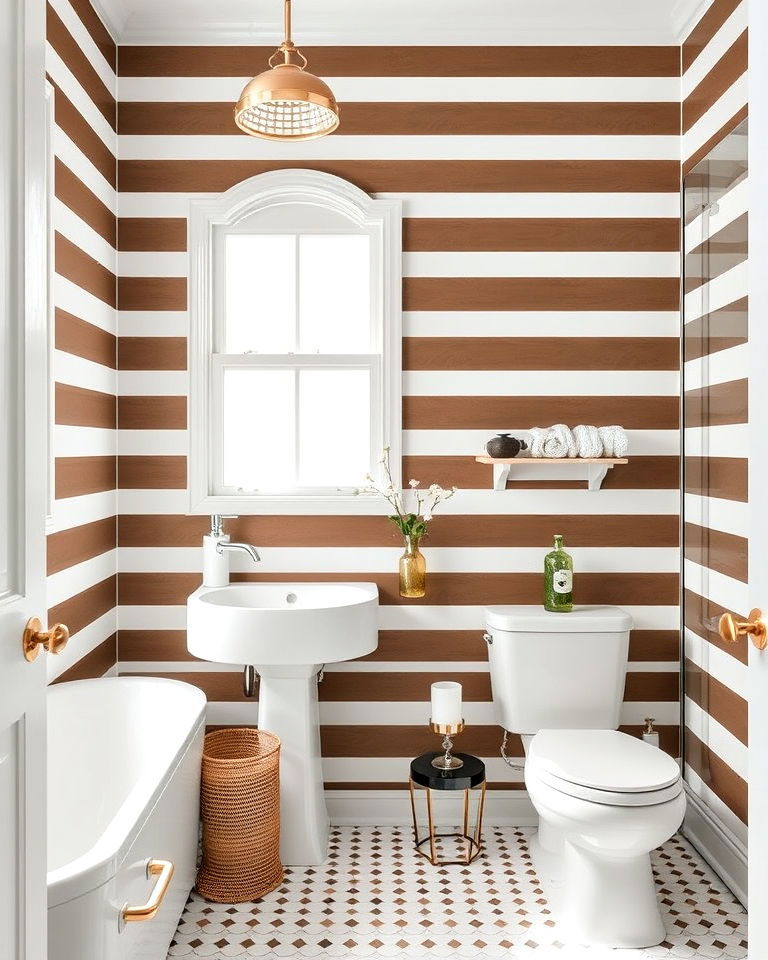 brown and white striped wallpaper for your bathroom