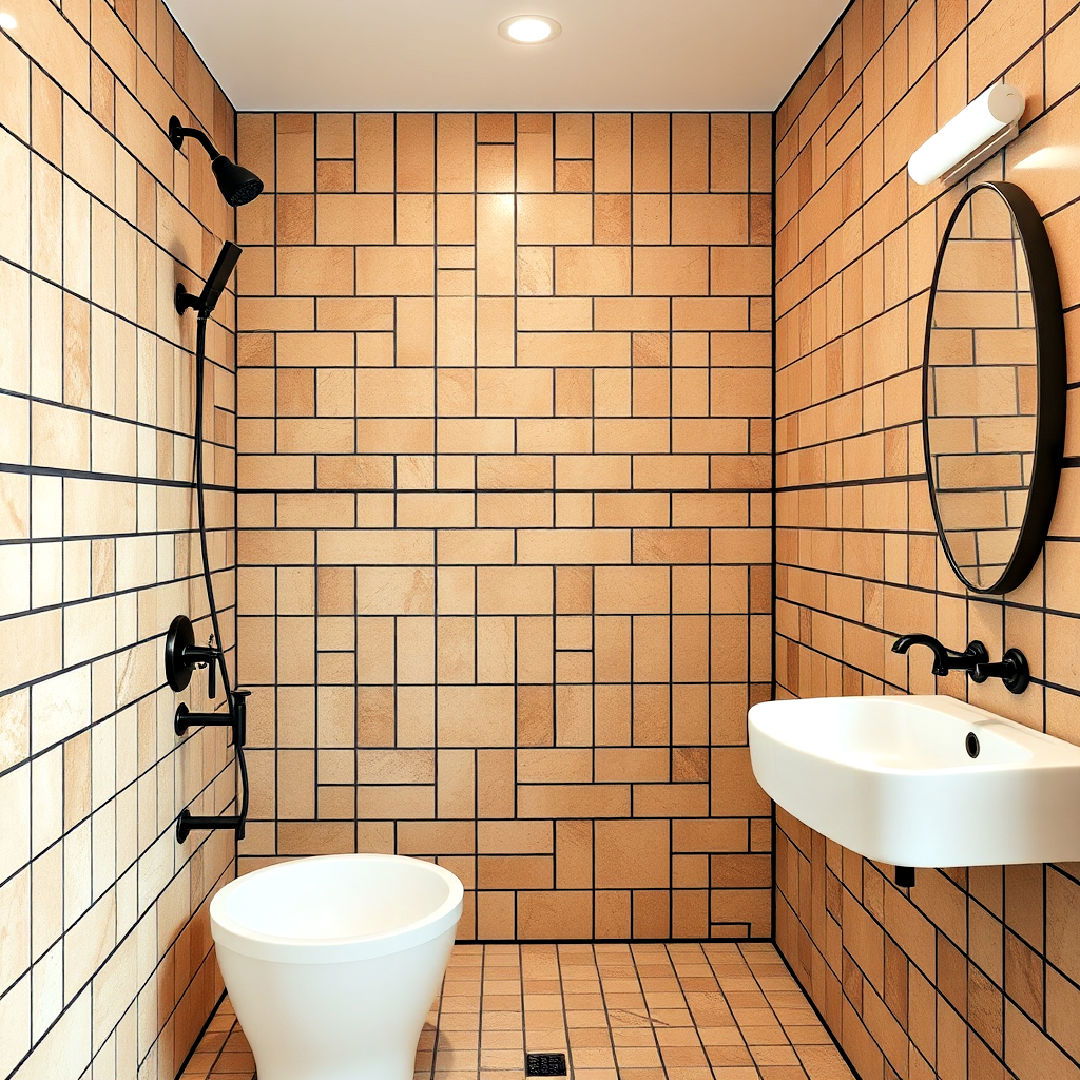 brown bathroom tiles with black grout