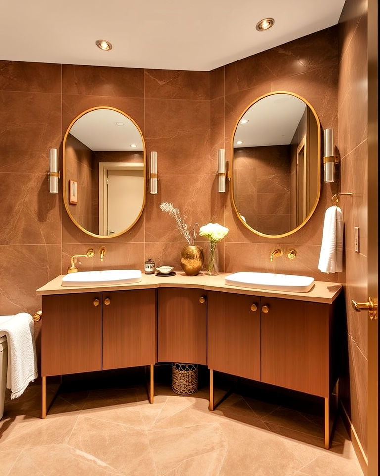 brown bathroom walls with glamourous gold accents