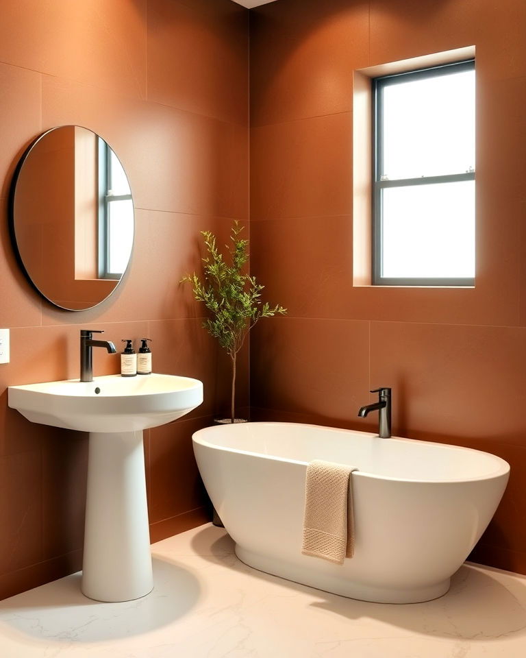 brown bathroom walls with white sink and bathtub