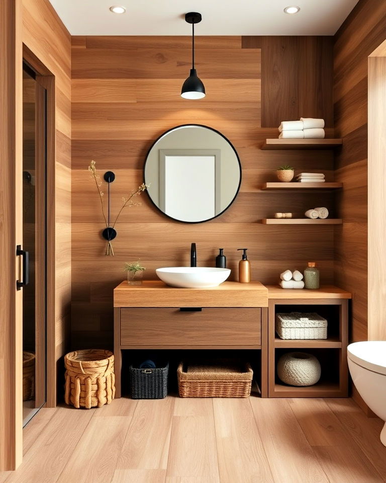 brown bathroom with wood tones for a natural look