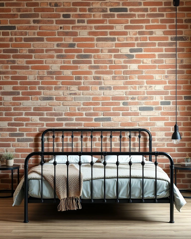 brown brick wall with black iron bed