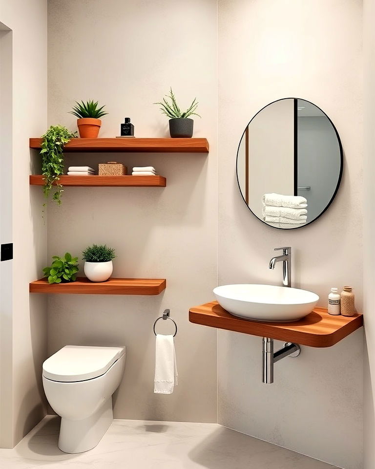 brown floating shelves for bathroom storage