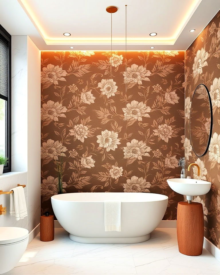 brown floral wallpaper for a bold bathroom look