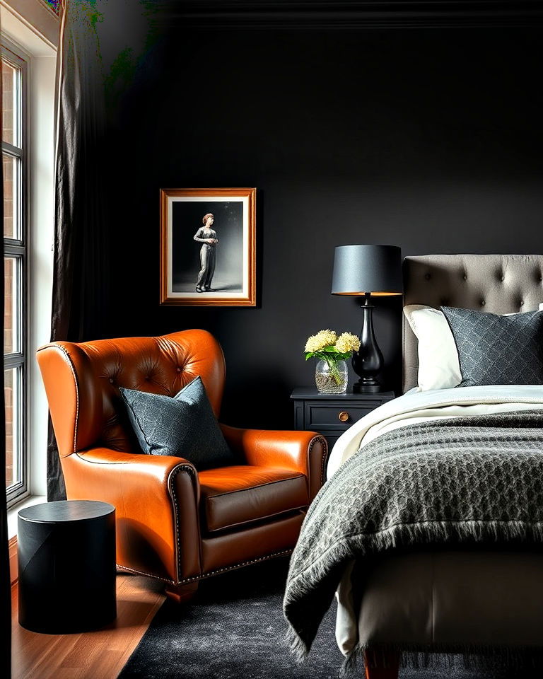 brown leather armchair with black accents
