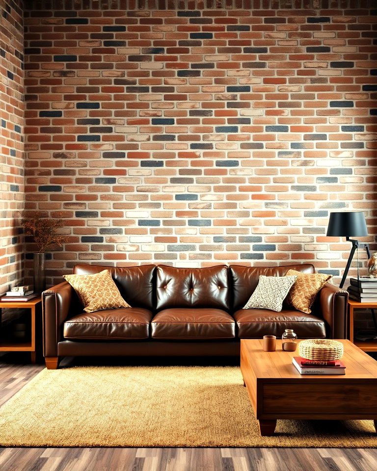 brown leather couch paired with exposed brick walls