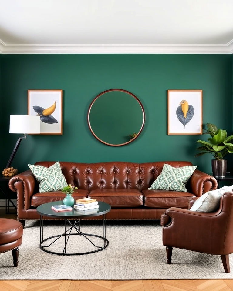 brown leather couch with bold wall colors