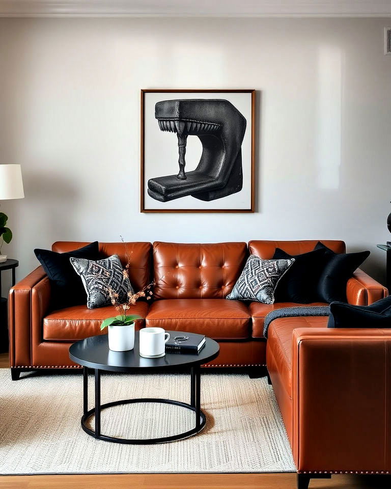 brown leather sofas with black accent pillows