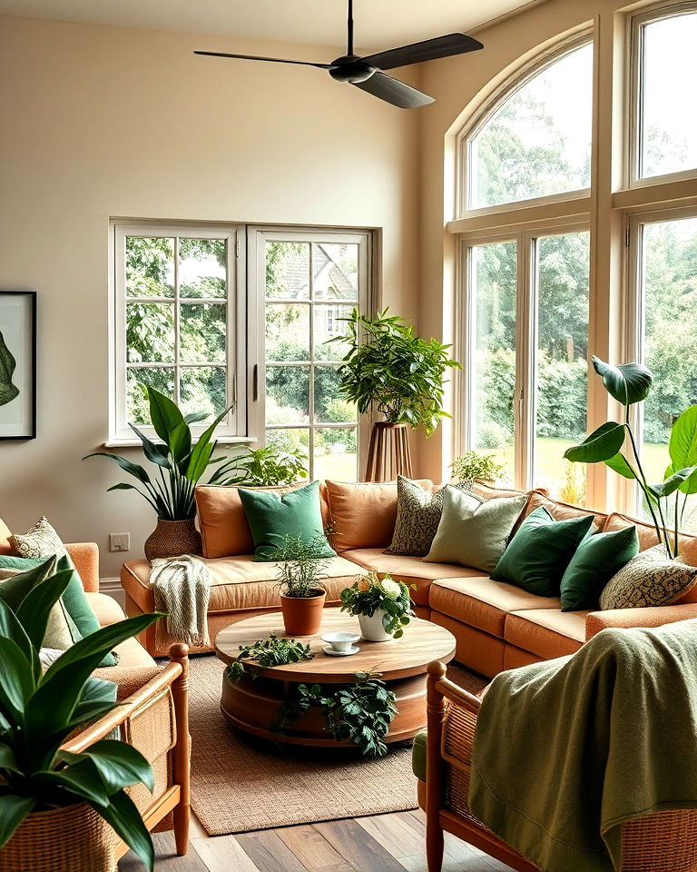 brown living room with green accents for a natural feel
