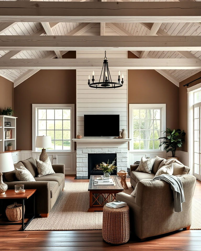 brown living room with whitewashed wood for a farmhouse style