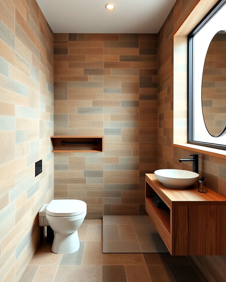 brown stone tiles for a rustic bathroom feel