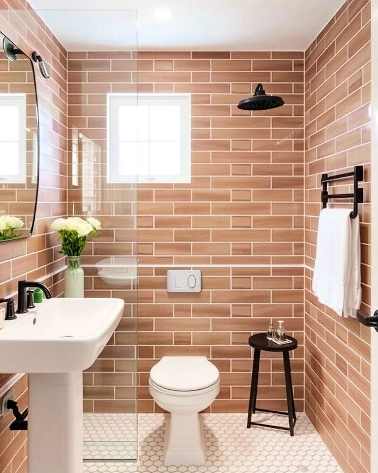 brown subway tiles for a classic bathroom look