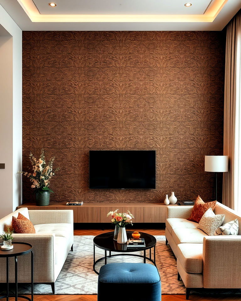 brown wallpaper with textured patterns for living room