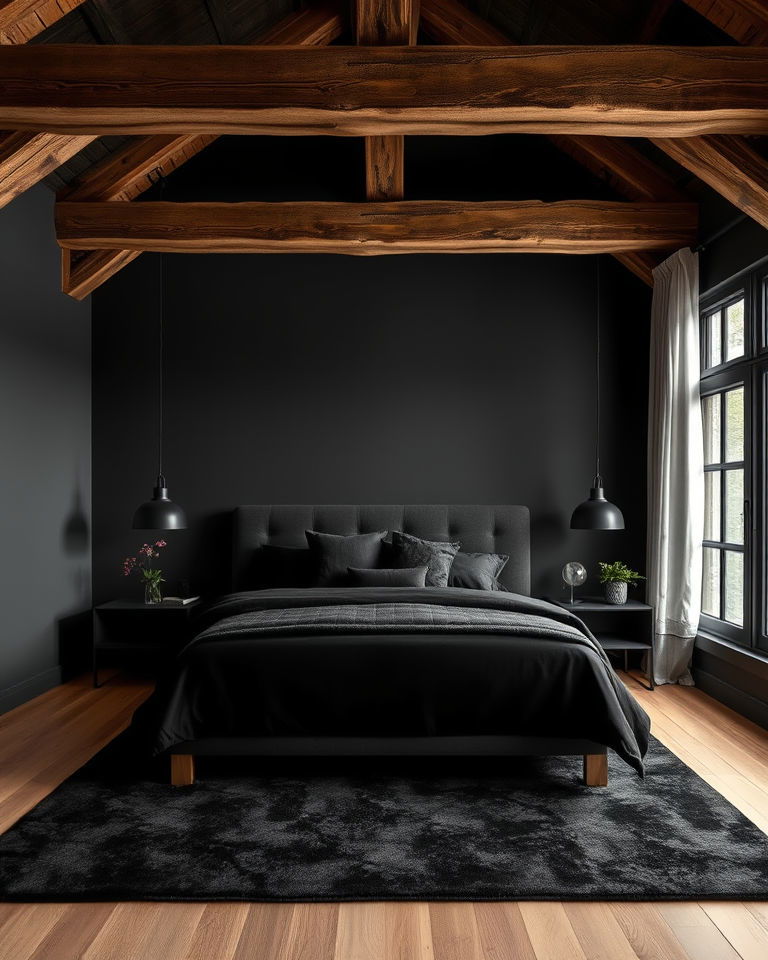 brown wooden beams paired with black bedding
