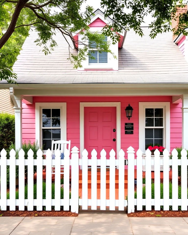 bubblegum pink house exterior with white fence