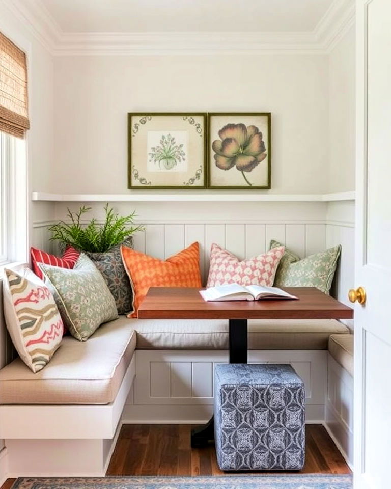budget friendly banquette with cushions and pillows