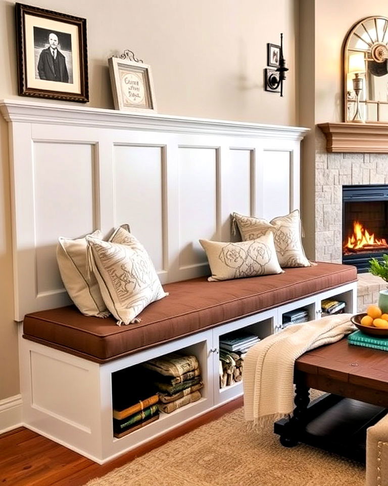 built in bench with storage near your fireplace