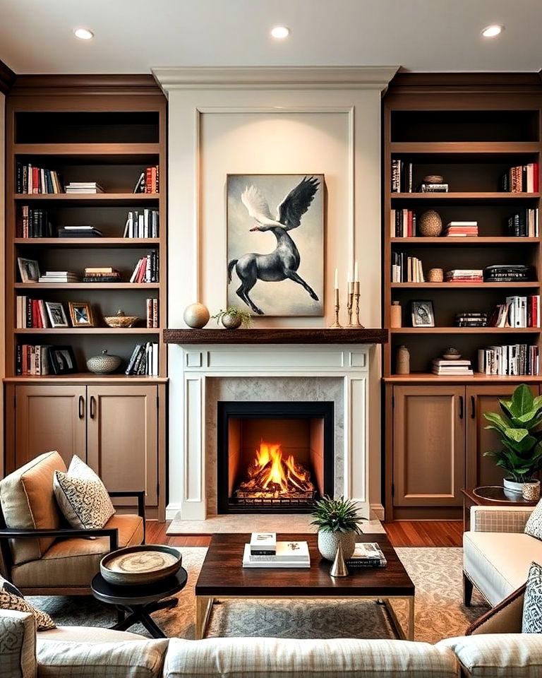 built in bookshelves around fireplace