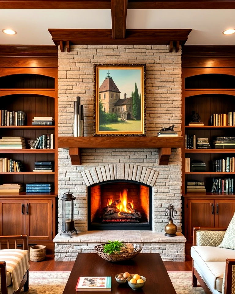 built in bookshelves with craftsman fireplace