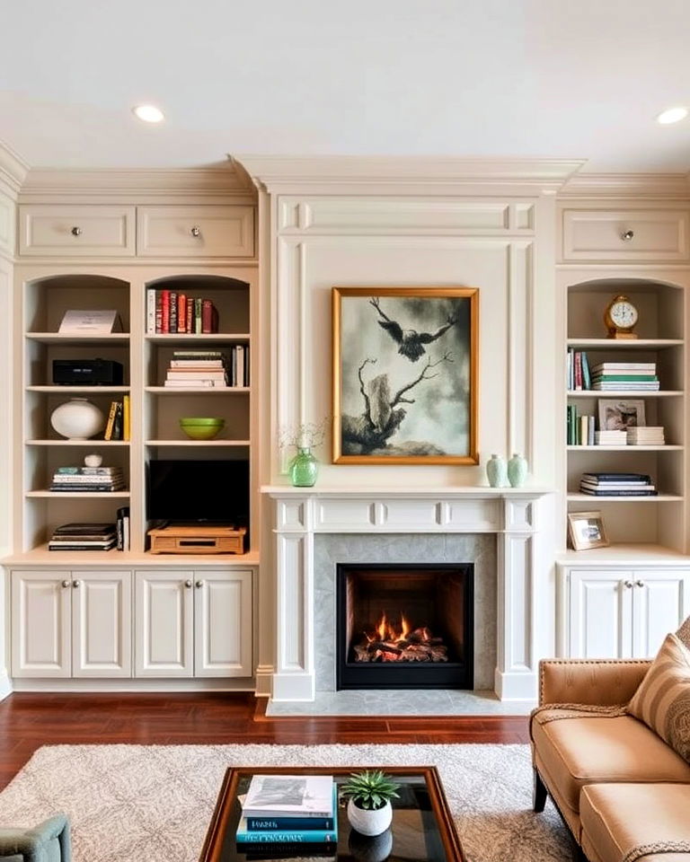 built in cabinets with fireplace and bookshelves idea