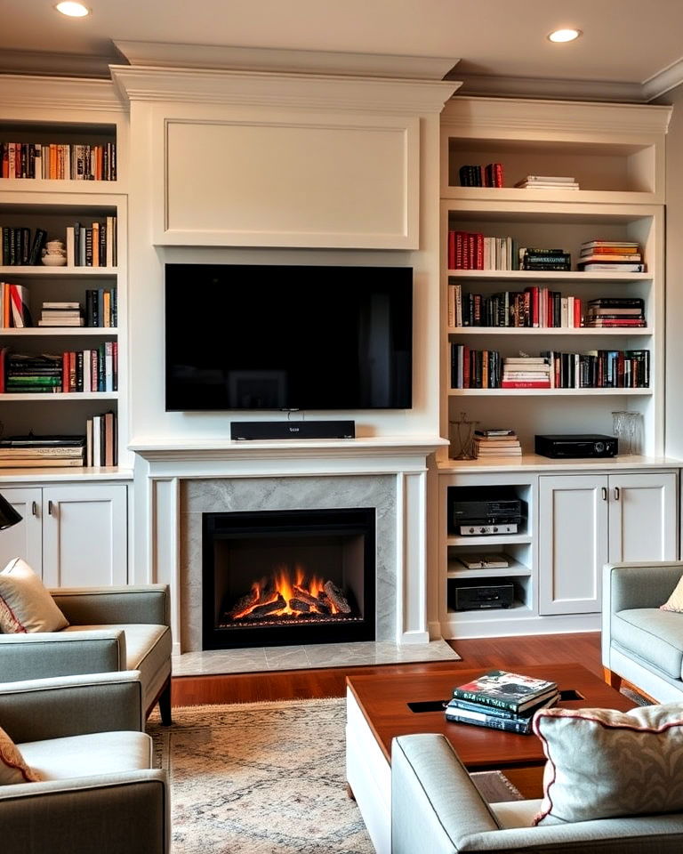 built in entertainment center with fireplace