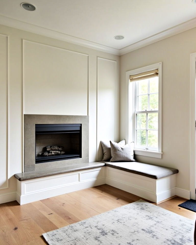 built in l shaped seating around corner fireplace