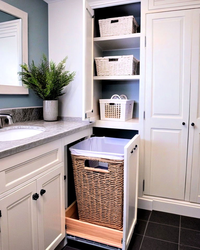 built in laundry hamper for bathroom