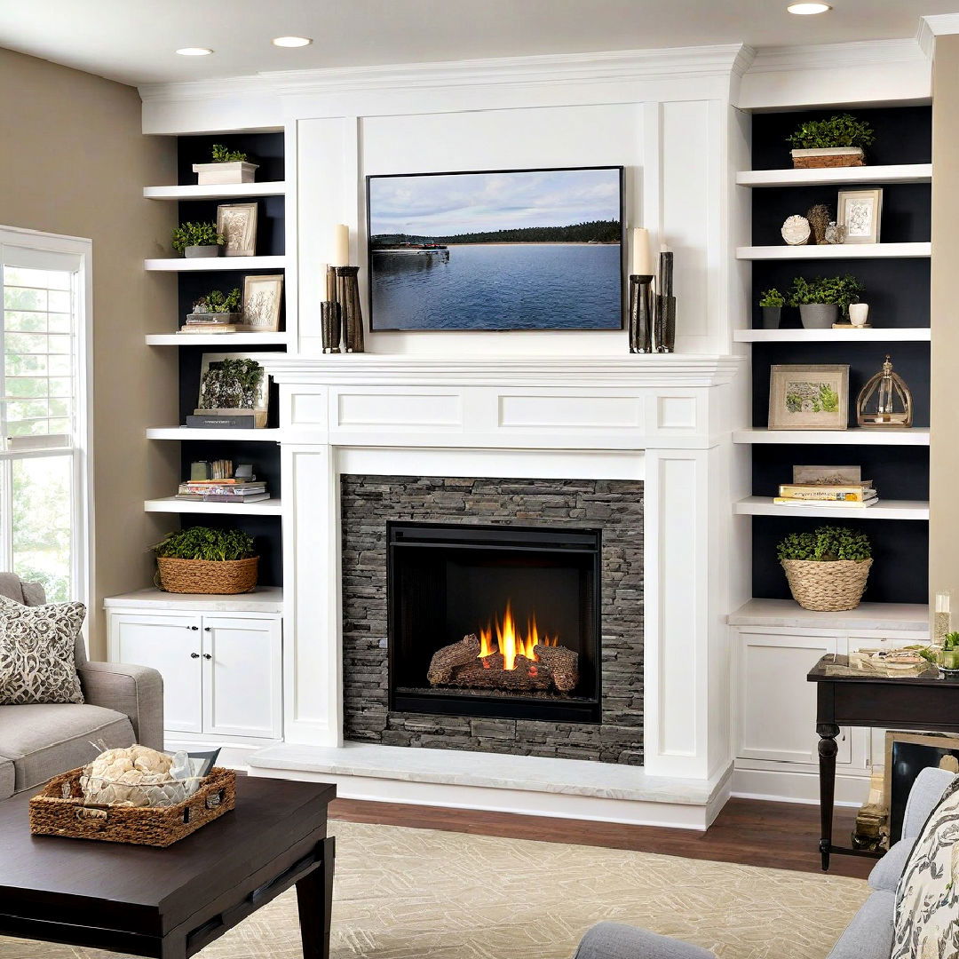 built in shelving corner gas fireplace