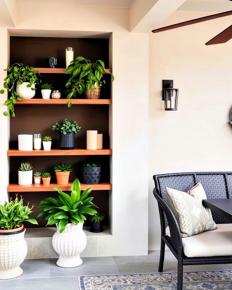 built in shelving patio wall