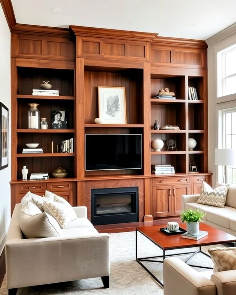 built in shelving units for transitional living room