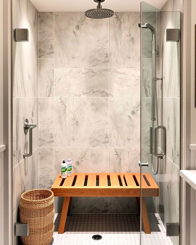 built in shower bench for comfort and functionality