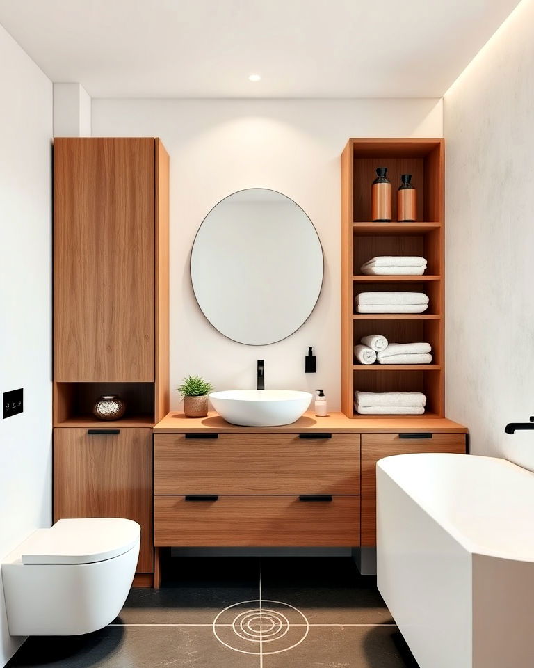 built in storage solution for bathroom