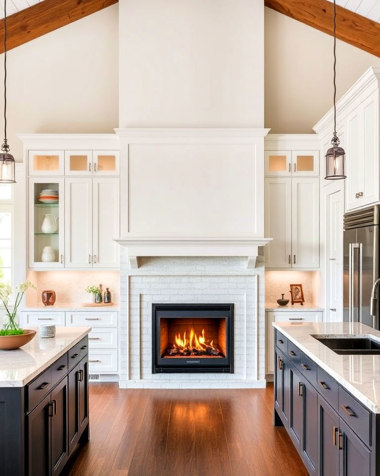 built in transitional fireplace in a versatile kitchen