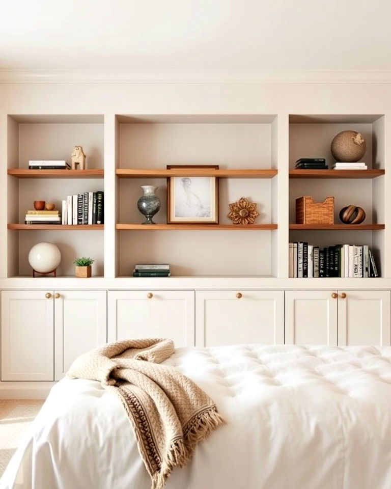 built in wall shelves for bedroom storage