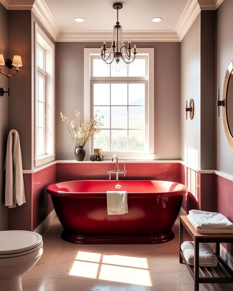 burgundy bath tub for a bold focal point