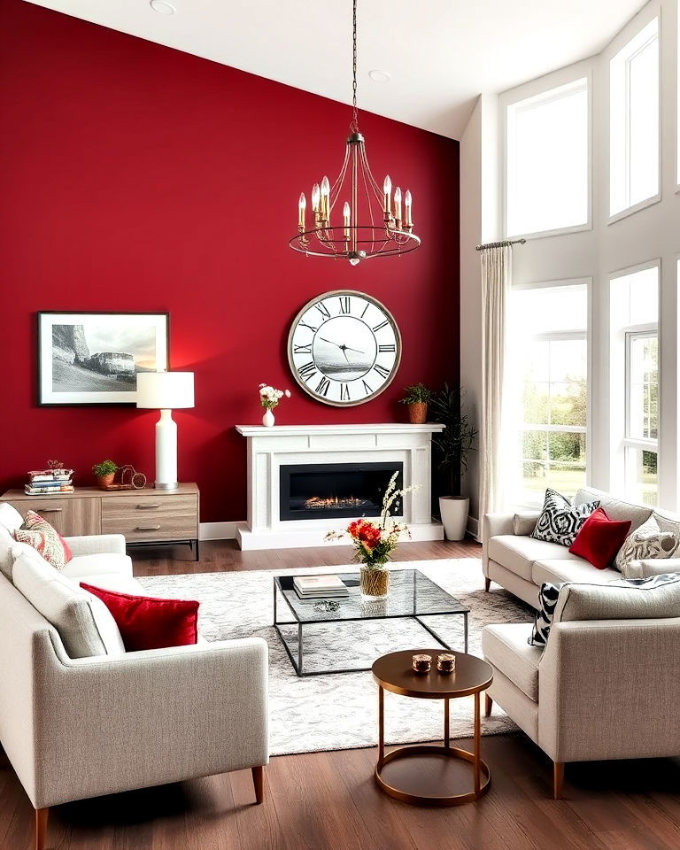 burgundy living room accent wall