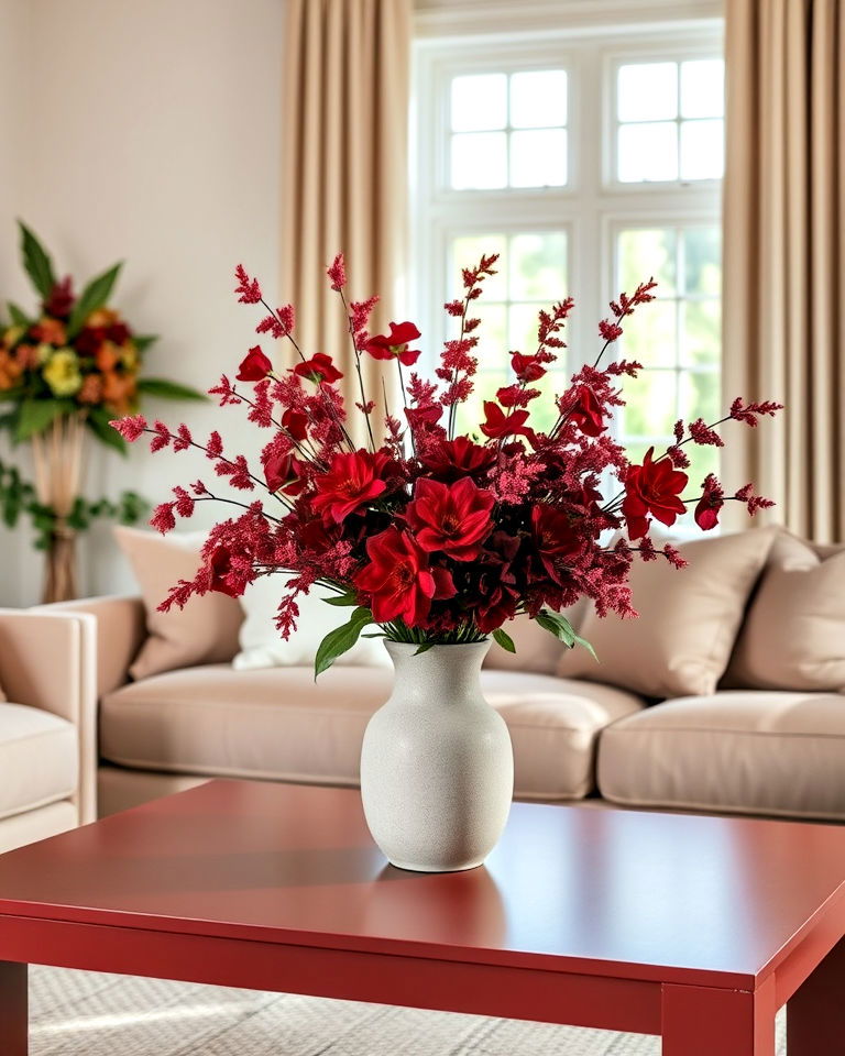 burgundy living room floral arrangements