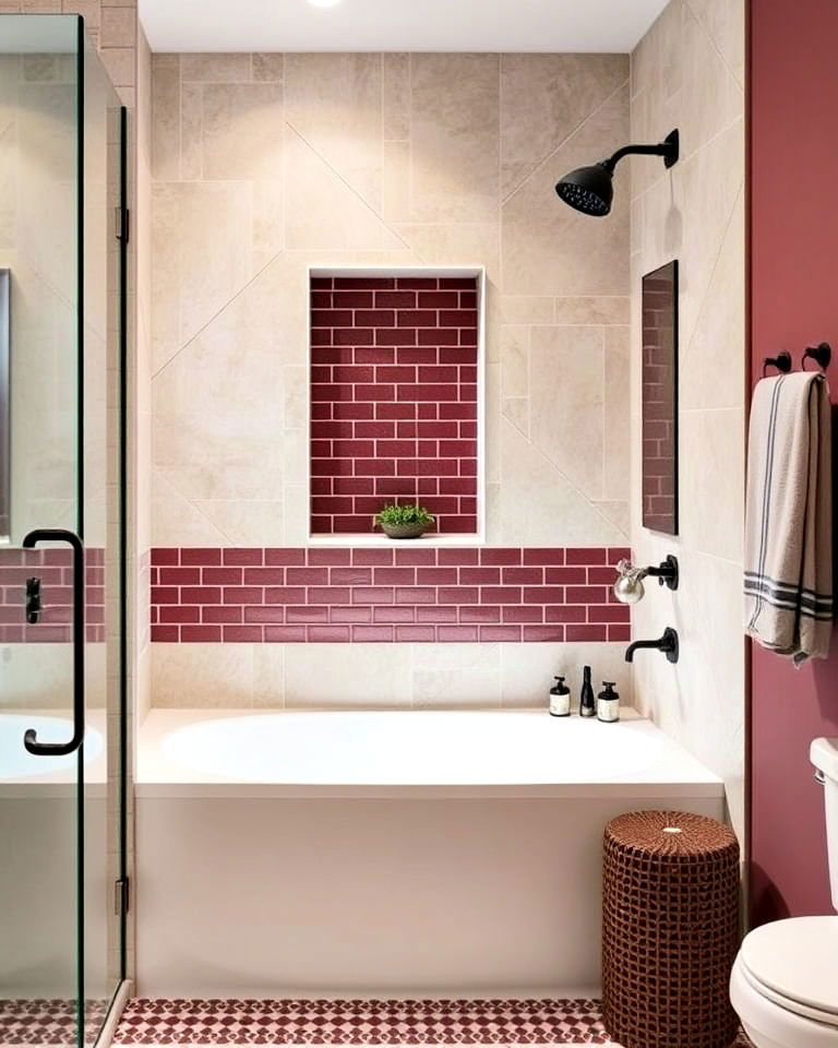 burgundy shower niche for a subtle pop of color