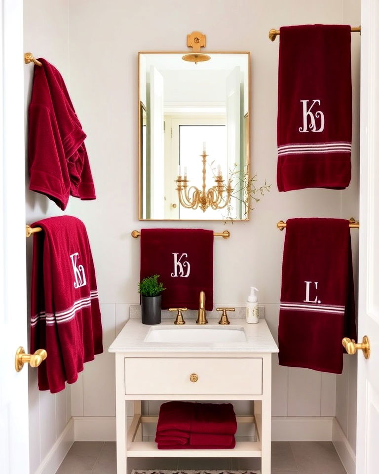 burgundy towels with monogramming for a personal touch