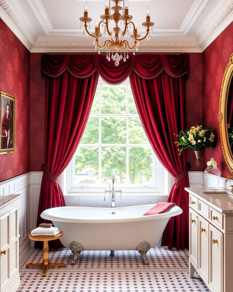 burgundy velvet curtains for a victorian bathroom