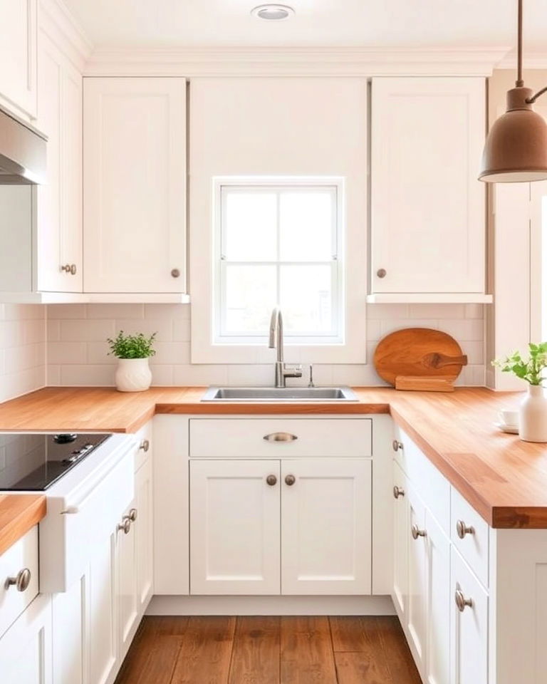 butcher block countertops with white cabinets