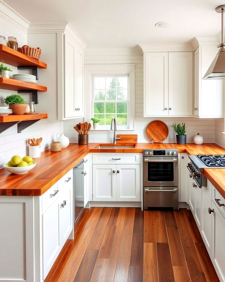 butcher block countertops with white cabinets